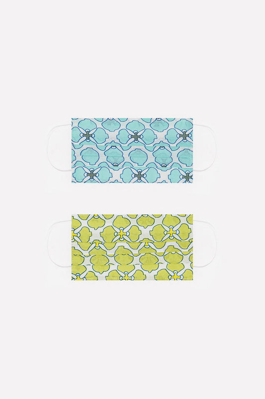 2 PACK Organic Cotton Flower Print Mask in Green and Turquoise