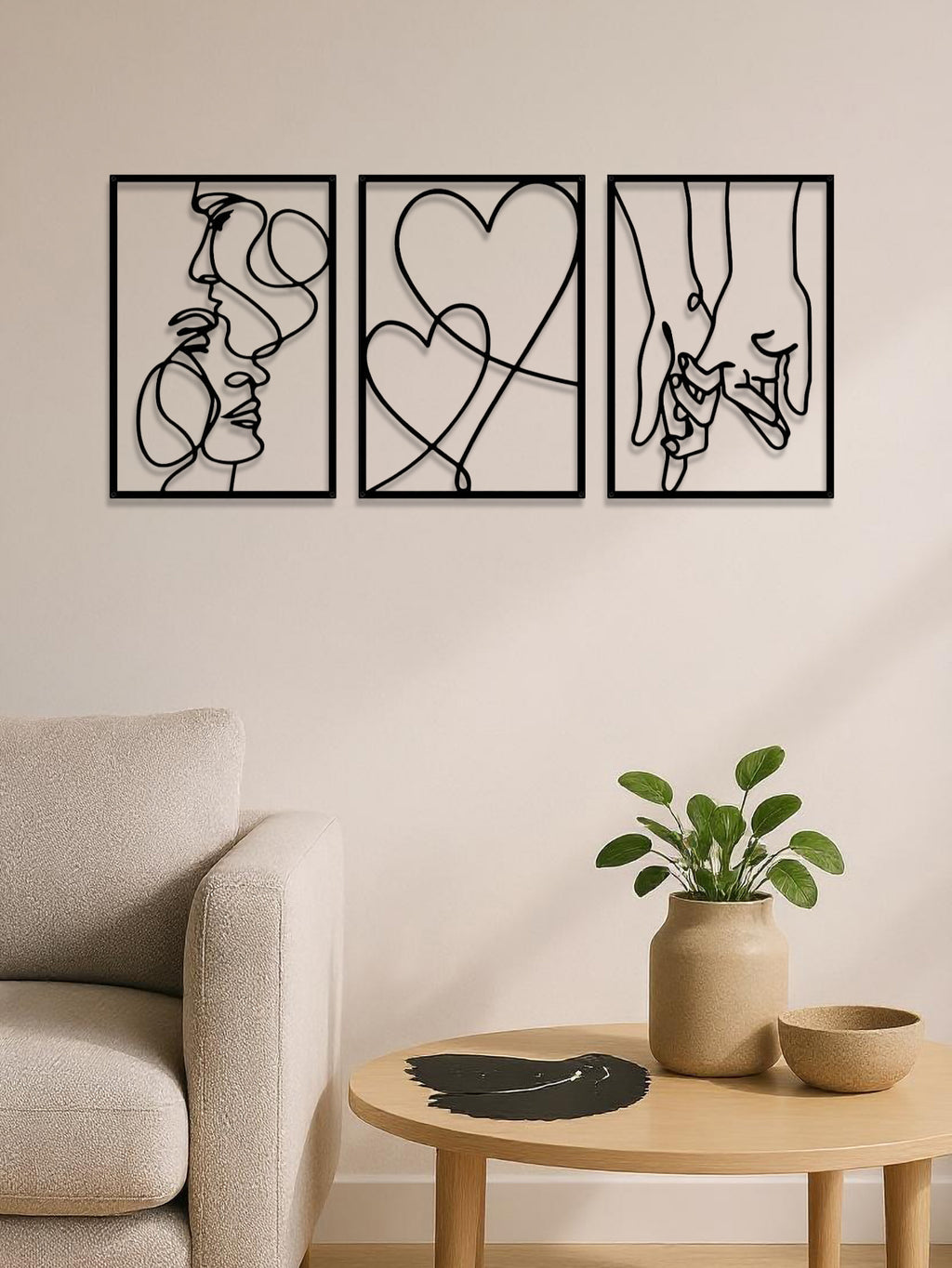 3-Piece Romantic Metal Wall Art Set - Minimalist Couple Silhouette Love & Kiss Line Drawings