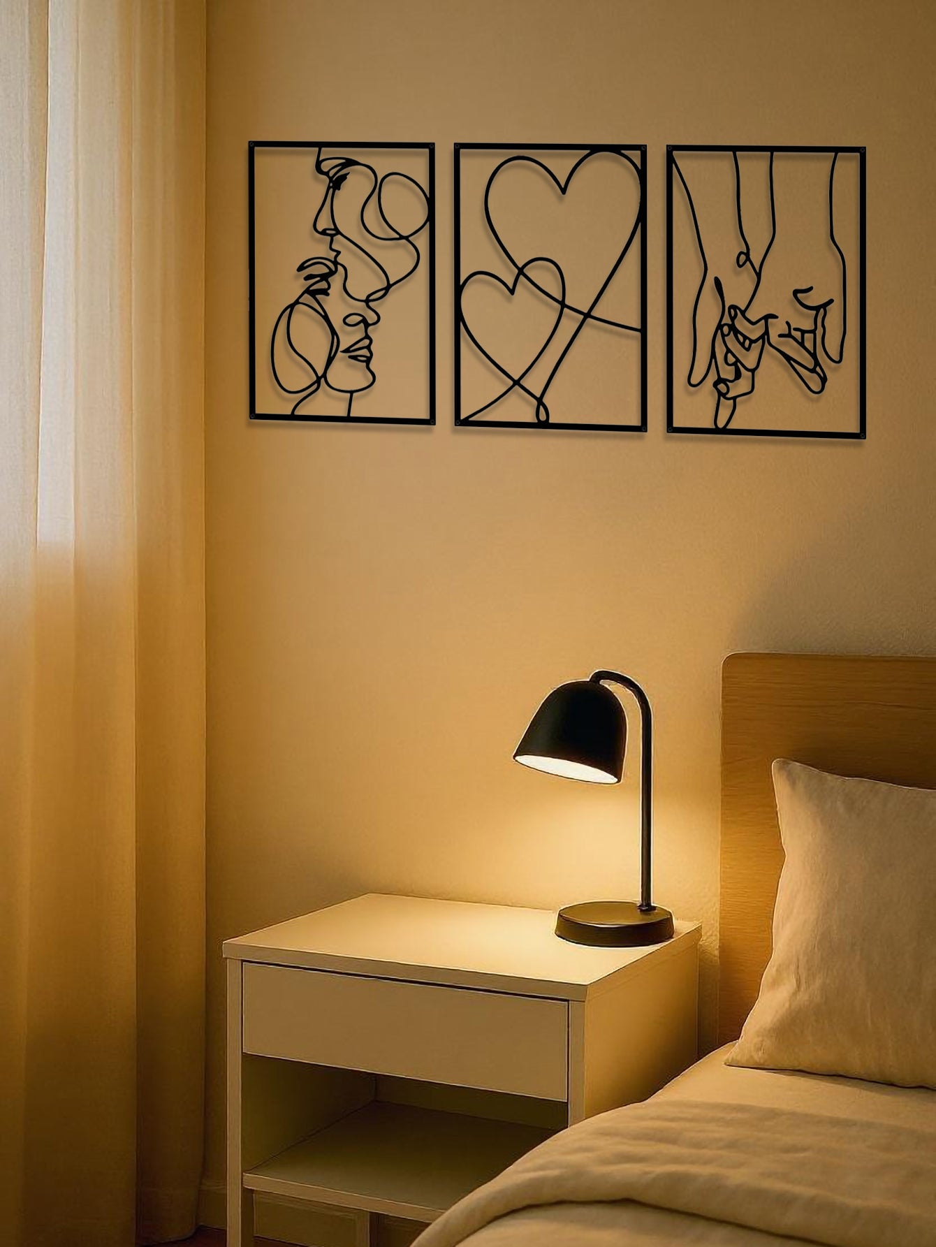 3-Piece Romantic Metal Wall Art Set - Minimalist Couple Silhouette Love & Kiss Line Drawings