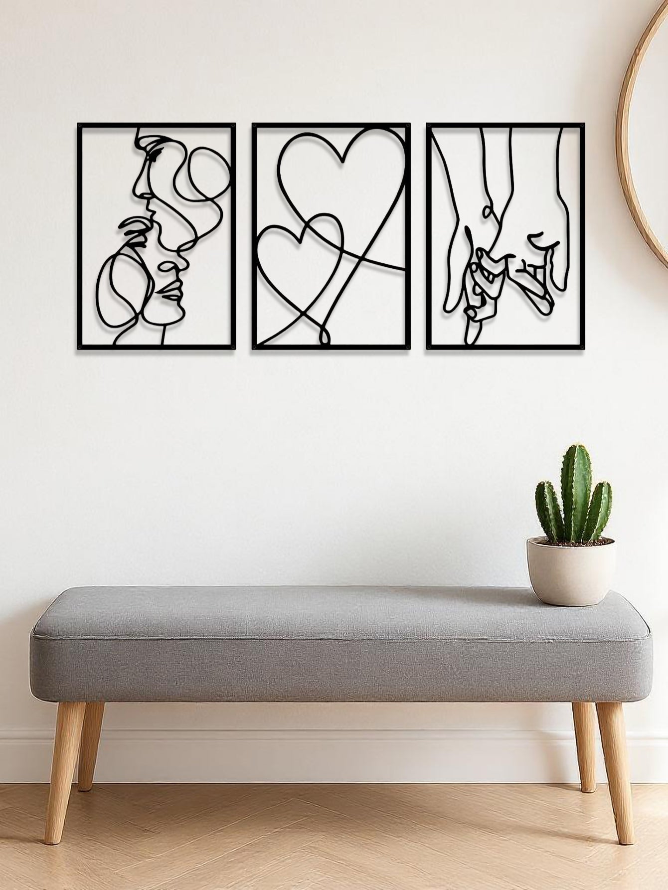3-Piece Romantic Metal Wall Art Set - Minimalist Couple Silhouette Love & Kiss Line Drawings