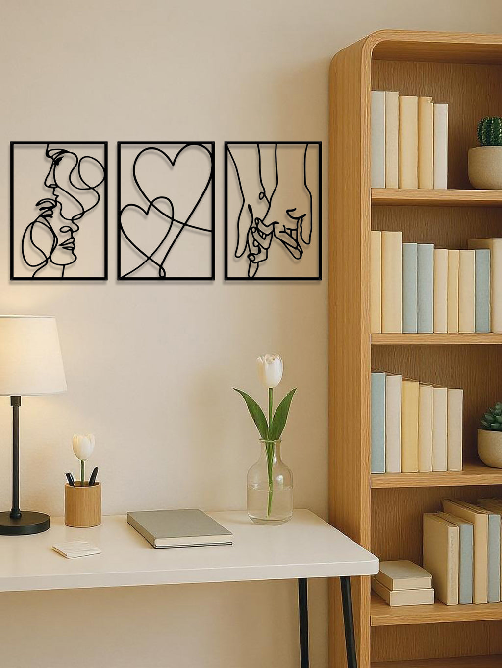 3-Piece Romantic Metal Wall Art Set - Minimalist Couple Silhouette Love & Kiss Line Drawings