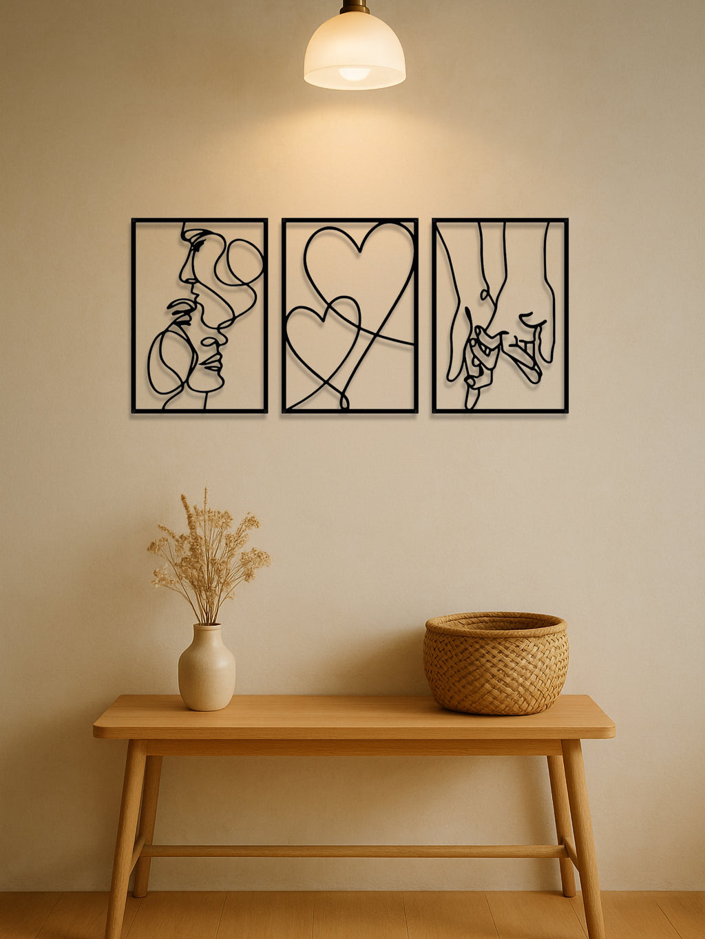 3-Piece Romantic Metal Wall Art Set - Minimalist Couple Silhouette Love & Kiss Line Drawings